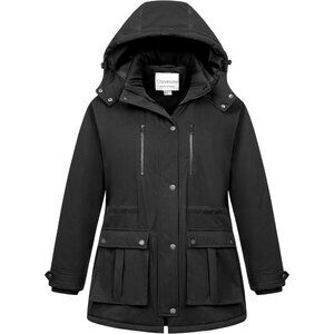 Women's Black Waterproof Fleece Lined Detachable Hood Jacket Coat Winter Warm